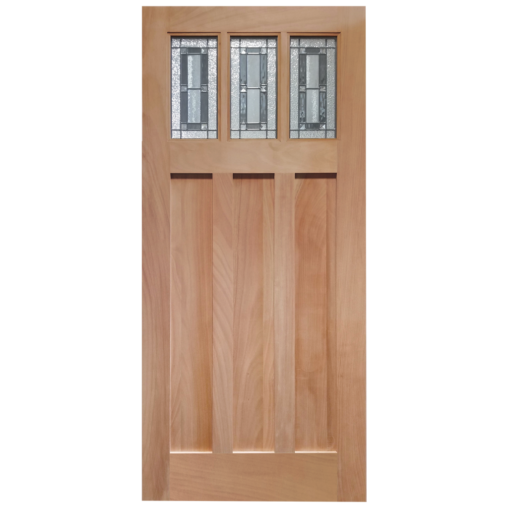 Craftsman Unfinished Mahogany Wood Exterior Door 36" x 79" Decorative 3-Lite Leaded Insulated Glass 3 Panel Entry Door Slab