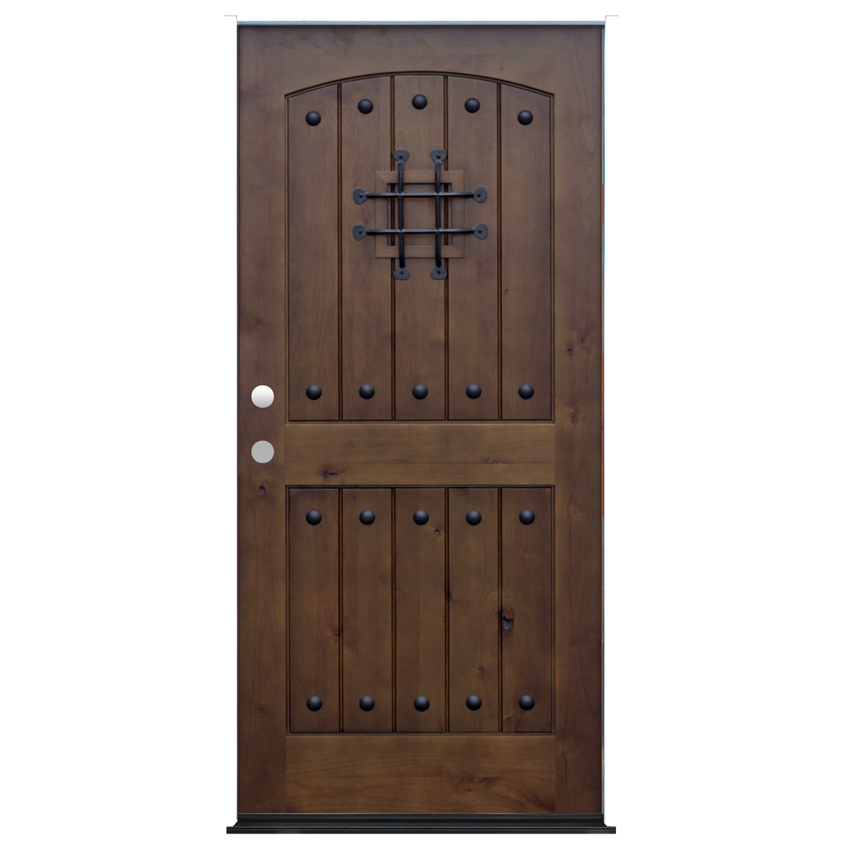 Arched Speakeasy Walnut Stained Ash Exterior Door VGrooved 2Panel