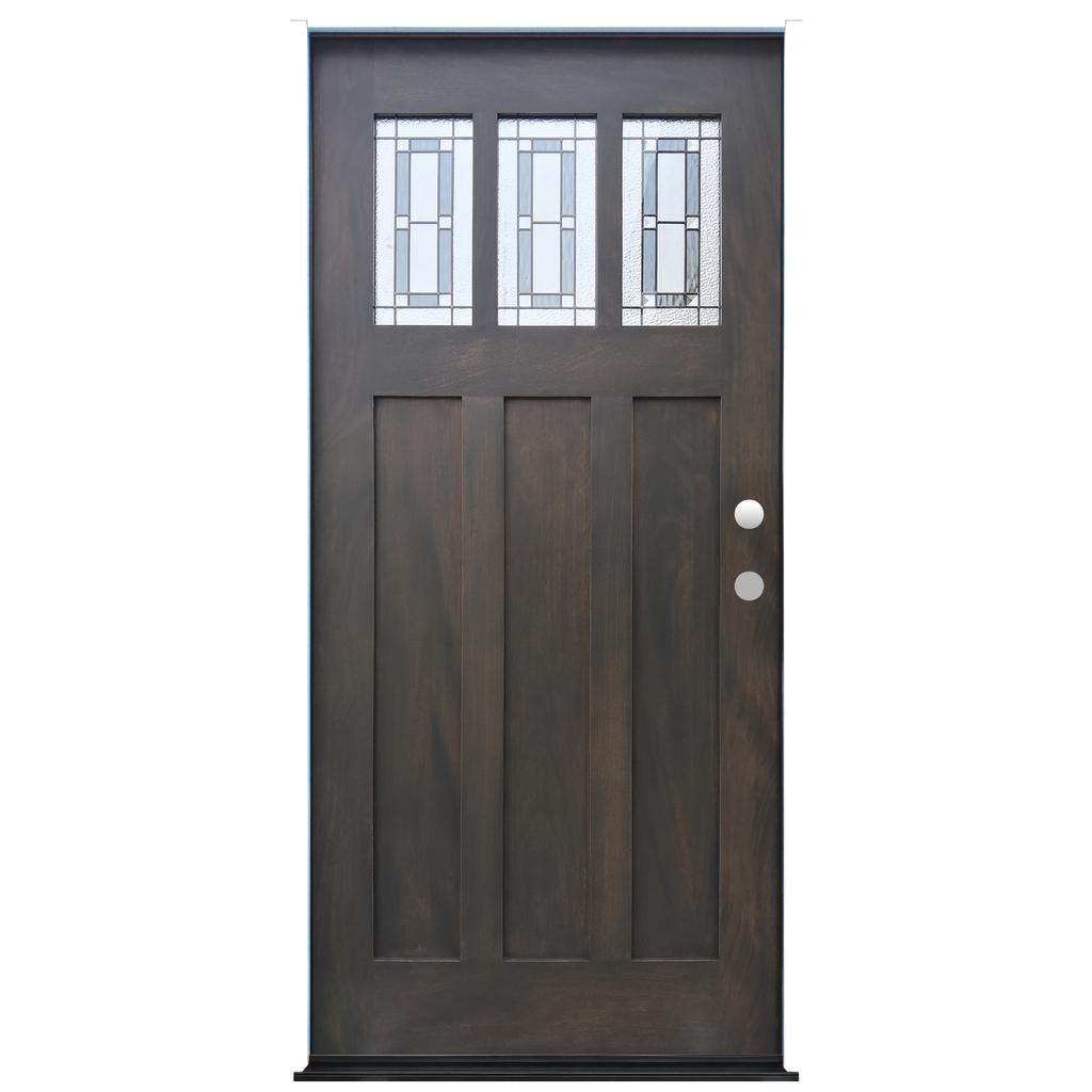 Craftsman Ash Stained Mahogany Wood Exterior Door Decorative 3-Lite Leaded Insulated Glass 2 Panel Prehung Entry Door from Pacific Pride
