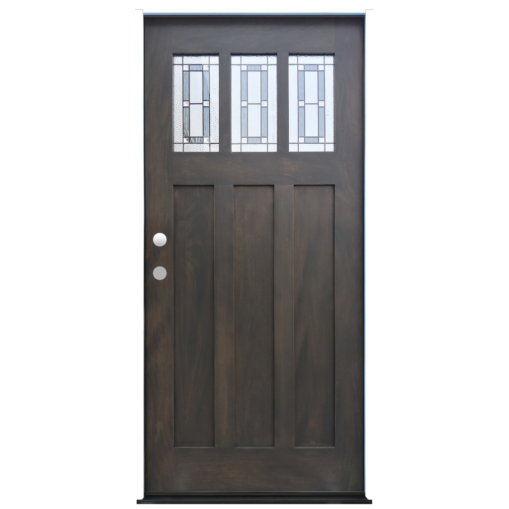 Craftsman Ash Stained Mahogany Wood Exterior Door Decorative 3-Lite Leaded Insulated Glass 2 Panel Prehung Entry Door from Pacific Pride