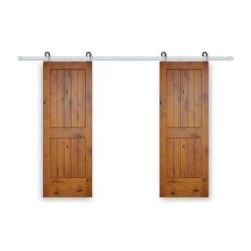 Rustic 2-panel Golden Oak stained American Knotty Alder wood from Washington State Interior Bi-Part Barn Door with Satin Nickel Hardware Kit from Pacific Pride.