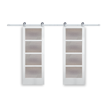 Modern 4-Lite Mistlite Glass Primed White Pine Wood Interior Bi-Part Barn Door with Satin Nickel Hardware Kit from Pacific Pride.