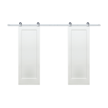 Shaker 1-Panel Primed White Pine Wood Interior Bi-Part Barn Door with Satin Nickel Hardware Kit from Pacific Pride.