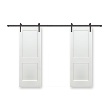 Shaker 2-Panel Primed White Pine Wood Interior Bi-Part Barn Door with Oil Rubbed Bronze Hardware Kit from Pacific Pride.