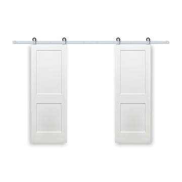 Shaker 2-Panel Primed White Pine Wood Interior Bi-Part Barn Door with Satin Nickel Hardware Kit from Pacific Pride.