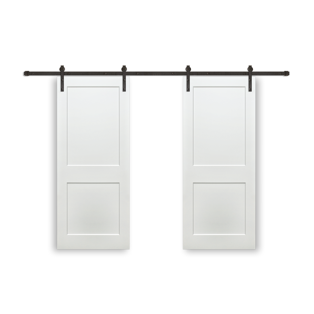 Shaker 2-Panel Primed White Pine Wood Interior Bi-Part Barn Door with Oil Rubbed Bronze Hardware Kit from Pacific Pride.