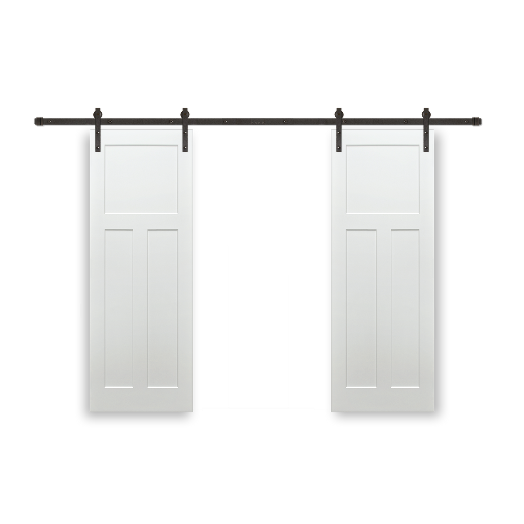 Shaker 3-Panel Primed White Pine Wood Interior Bi-Part Barn Door with Oil Rubbed Bronze Hardware Kit from Pacific Pride.