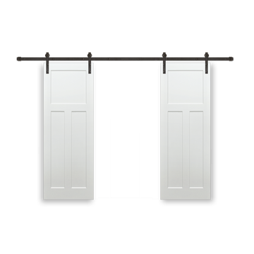 Shaker 3-Panel Primed White Pine Wood Interior Bi-Part Barn Door with Oil Rubbed Bronze Hardware Kit from Pacific Pride.