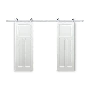 Shaker 3-Panel Primed White Pine Wood Interior Bi-Part Barn Door with Satin Nickel Hardware Kit from Pacific Pride.