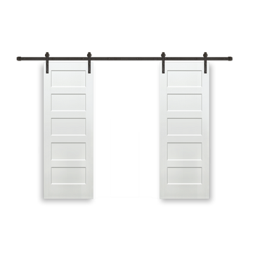 Shaker 5-Panel Primed White Pine Wood Interior Bi-Part Barn Door with Oil Rubbed Bronze Hardware Kit from Pacific Pride.