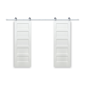 Shaker 5-Panel Primed White Pine Wood Interior Bi-Part Barn Door with Satin Nickel Hardware Kit from Pacific Pride.