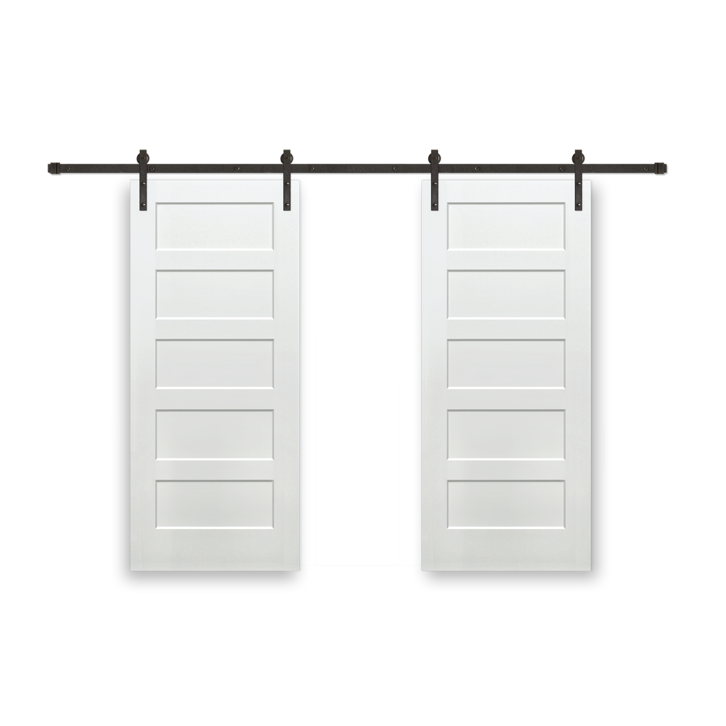 Shaker 5-Panel Primed White Pine Wood Interior Bi-Part Barn Door with Oil Rubbed Bronze Hardware Kit from Pacific Pride.