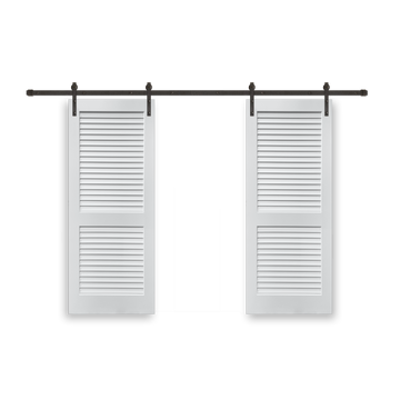 Plantation Louver 2-Panel Primed White Pine Wood Interior Bi-Part Barn Door with Oil Rubbed Bronze Hardware Kit from Pacific Pride.