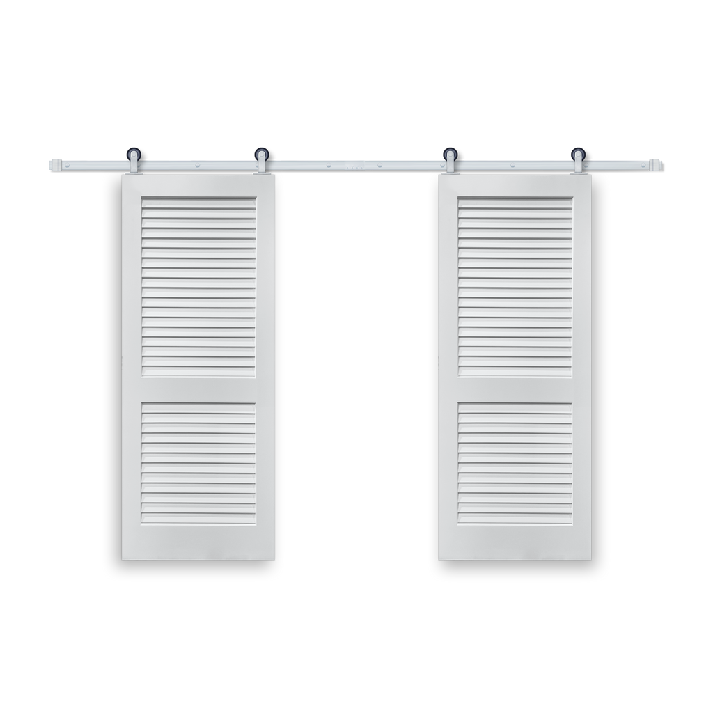 Plantation Louver 2-Panel Primed White Pine Wood Interior Bi-Part Barn Door with Satin Nickel Hardware Kit from Pacific Pride.