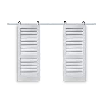 Plantation Louver 2-Panel Primed White Pine Wood Interior Bi-Part Barn Door with Satin Nickel Hardware Kit from Pacific Pride.