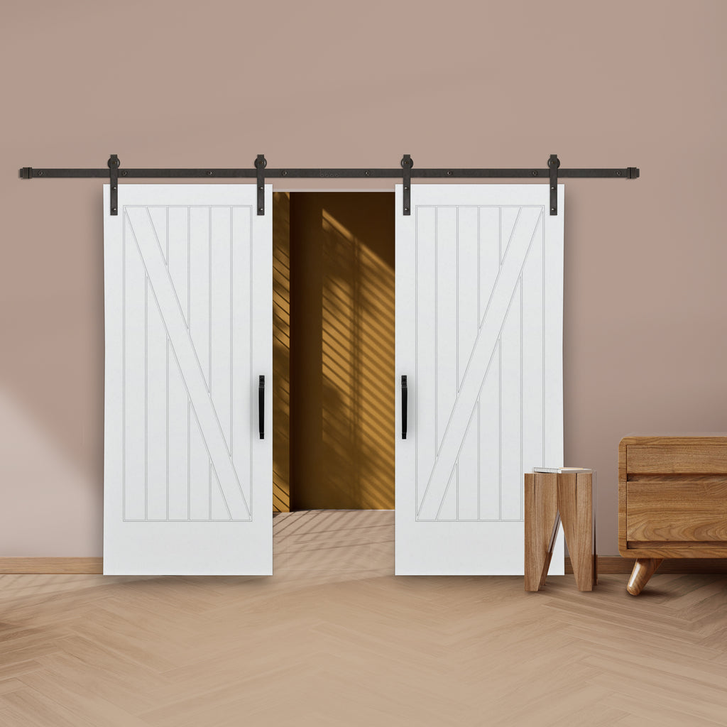 Cottage Z-Plank Primed White Pine Wood Interior Bi-Part Barn Door with Oil Rubbed Bronze Hardware Kit from Pacific Pride.