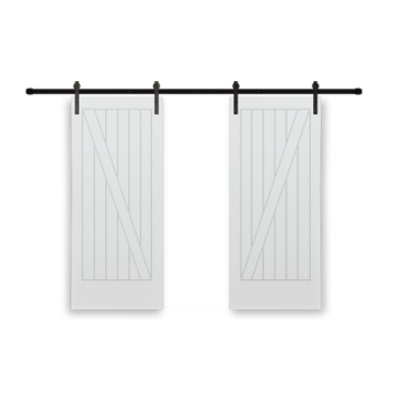 Cottage Z-Plank Primed White Pine Wood Interior Bi-Part Barn Door with Oil Rubbed Bronze Hardware Kit from Pacific Pride.
