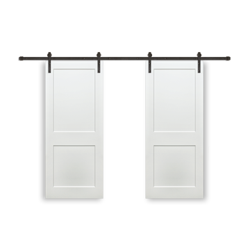 Shaker 2-Panel Primed White Pine Wood Interior Bi-Part Barn Door with Oil Rubbed Bronze Hardware Kit from Pacific Pride.