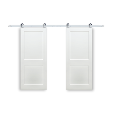 Shaker 2-Panel Primed White Pine Wood Interior Bi-Part Barn Door with Satin Nickel Hardware Kit from Pacific Pride.