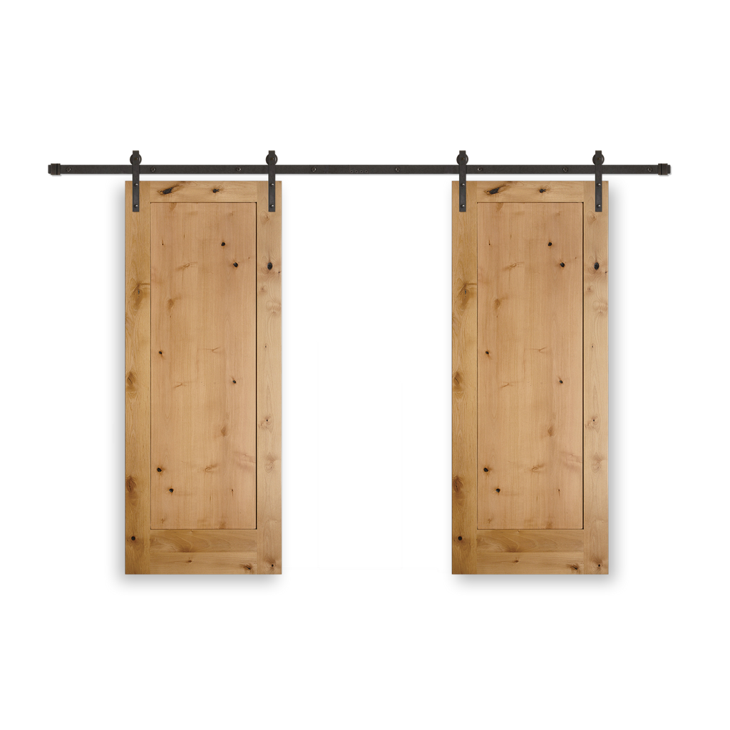 Rustic 1-Panel Unfinished American Knotty Alder Wood Interior Bi-Part Barn Door with Oil Rubbed Bronze Hardware Kit from Pacific Pride.