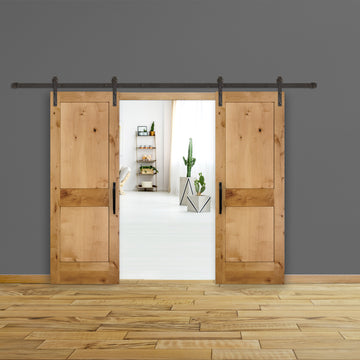 Rustic 2-Panel Unfinished American Knotty Alder Wood Interior Bi-Part Barn Door with Oil Rubbed Bronze Hardware Kit from Pacific Pride.