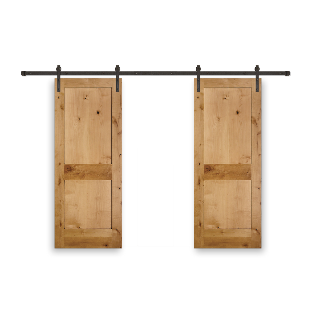 Rustic 2-Panel Unfinished American Knotty Alder Wood Interior Bi-Part Barn Door with Oil Rubbed Bronze Hardware Kit from Pacific Pride.