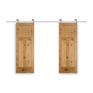 Rustic 3-Panel Unfinished American Knotty Alder Wood Interior Bi-Part Barn Door with Satin Nickel Hardware Kit from Pacific Pride.