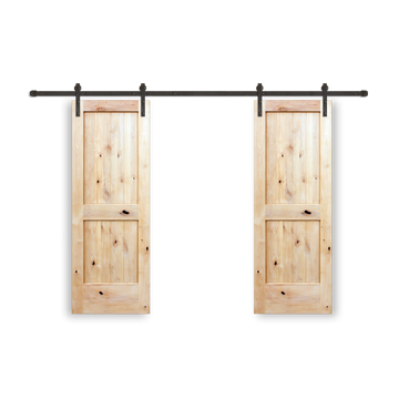 Rustic 2-panel unfinished American Knotty Alder wood from Washington State Interior Bi-Part Barn Door with Oil Rubbed Bronze Hardware Kit from Pacific Pride.