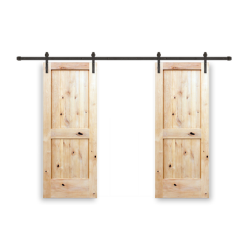 Rustic 2-panel unfinished American Knotty Alder wood from Washington State Interior Bi-Part Barn Door with Oil Rubbed Bronze Hardware Kit from Pacific Pride.