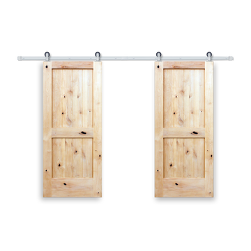 Rustic 2-panel unfinished American Knotty Alder wood from Washington State Interior Bi-Part Barn Door with Satin Nickel Hardware Kit from Pacific Pride.