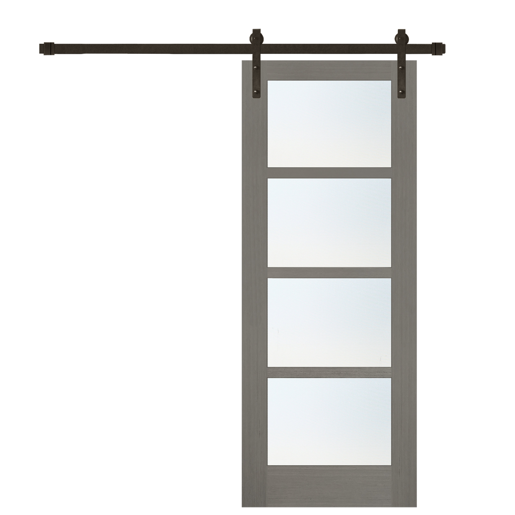 Modern 4-lite Glass Prefinished Driftwood Clear Coat Primed White Pine Wood Interior Sliding Barn Door with Oil Rubbed Bronze Hardware Kit from Pacific Pride