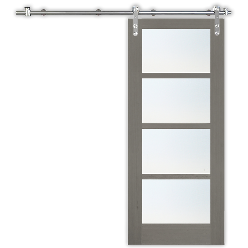 Modern 4-lite Glass Prefinished Driftwood Clear Coat Interior Sliding Barn Door with Round Stainless Steel Hardware Kit from Pacific Pride