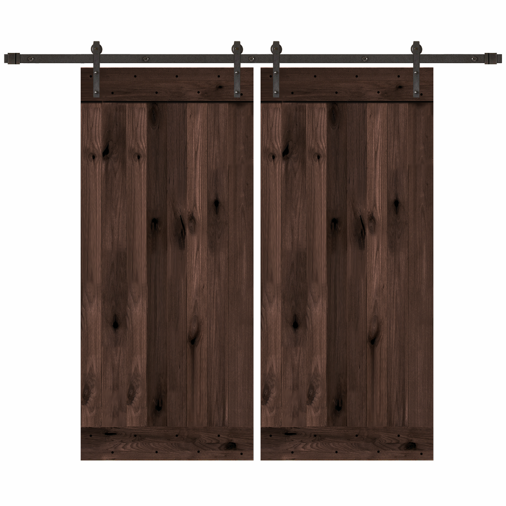 Bi-Part Rustic Espresso-Stained 1-Panel Knotty Alder Sliding Barn Door Kit with Oil-Rubbed Bronze Hardware Kit