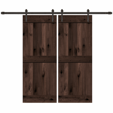 Bi-Part Rustic Espresso-Stained 2-Panel Knotty Alder Sliding Barn Door Kit with Oil-Rubbed Bronze Hardware Kit