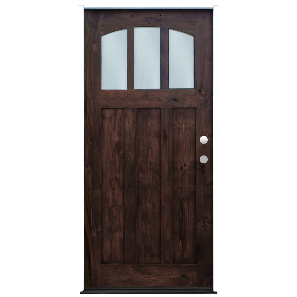 Craftsman Pecan Stained Mahogany Wood Exterior Door 3-Lite Arched Reed Glass 2 Panel Exterior Door from Pacific Pride