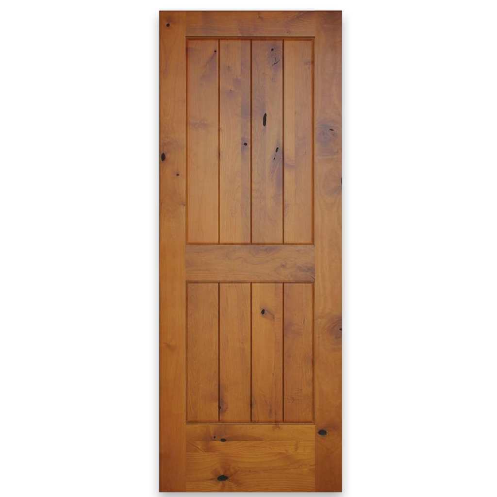 Rustic Golden Oak Stained 2-Panel V-Groove American Knotty Alder Wood Interior Door Slab from Pacific Pride