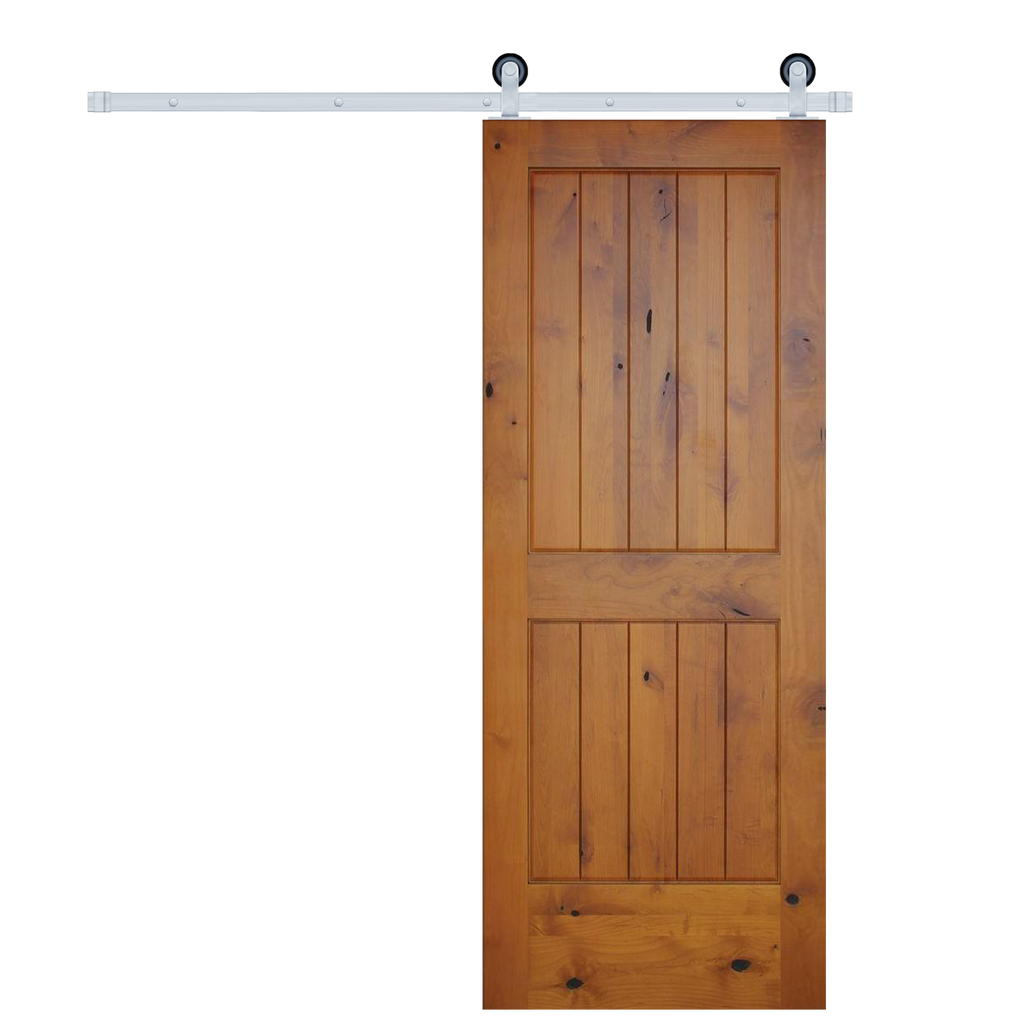 Rustic 2-panel Golden Oak stained American Knotty Alder wood from Washington State Interior Sliding Barn Door with Satin Nickel Hardware Kit from Pacific Pride.