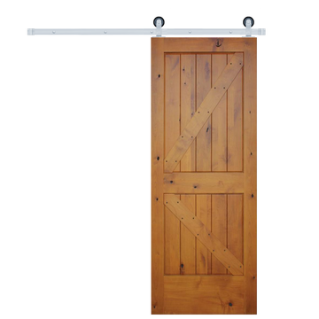 Rustic 2-panel Golden Oak stained Left American Knotty Alder wood from Washington State Interior Sliding Barn Door with Satin Nickel Hardware Kit from Pacific Pride.