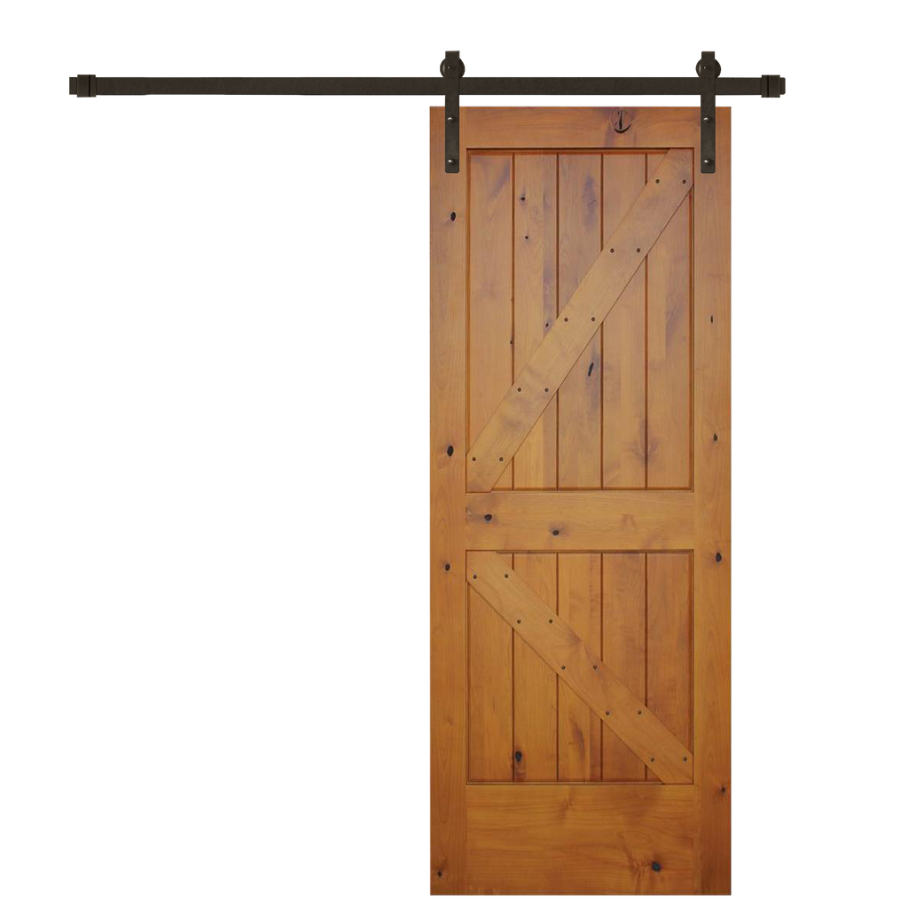 Rustic 2-panel Golden Oak stained Left American Knotty Alder wood from Washington State Interior Sliding Barn Door with Oil Rubbed Bronze Hardware Kit from Pacific Pride.