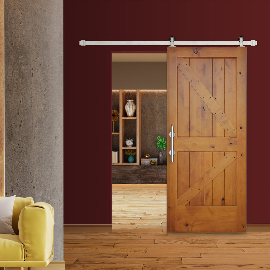 Rustic 2-panel Golden Oak stained Right American Knotty Alder wood from Washington State Interior Sliding Barn Door with Satin Nickel Hardware Kit from Pacific Pride.