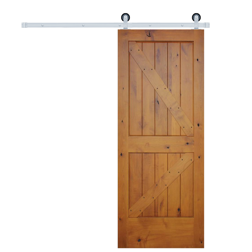 Rustic 2-panel Golden Oak stained Right American Knotty Alder wood from Washington State Interior Sliding Barn Door with Satin Nickel Hardware Kit from Pacific Pride.