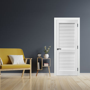 Plantation Louvered 2-Panel Primed Pine Prehung Interior Swinging Door with Bronze Hinges