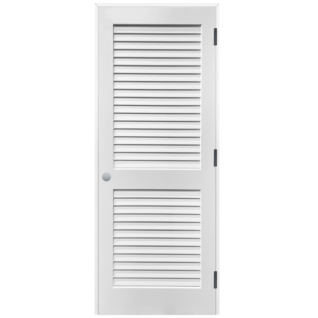 Plantation Louvered 2-Panel Primed Pine Prehung Interior Swinging Door with Bronze Hinges