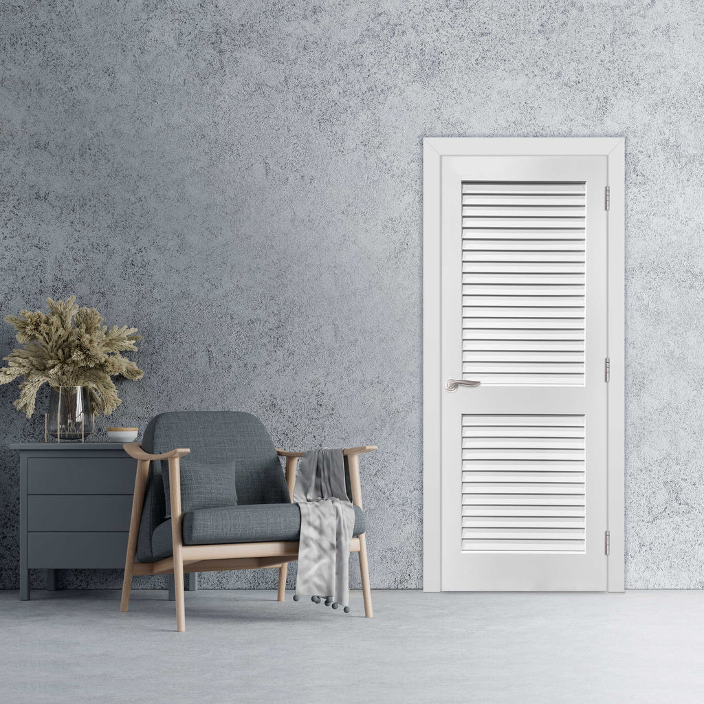 Plantation Louvered 2-Panel Primed Pine Prehung Interior Swinging Door with Satin Nickle Hinges 