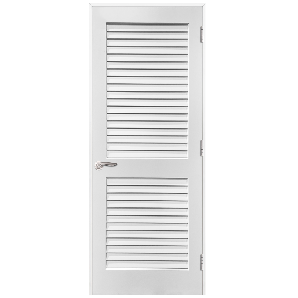 Plantation Louvered 2-Panel Primed Pine Prehung Interior Swinging Door with Satin Nickle Hinges