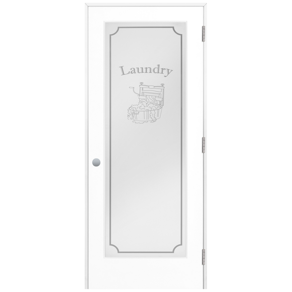 Laundry Graphic Frosted Glass Prehung Interior Swinging Door with with a Primed Pine Wood Jamb and Satin Nickel Hinges