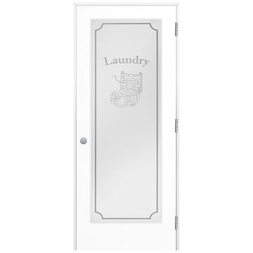 Laundry Graphic Frosted Glass Prehung Interior Swinging Door with with a Primed Pine Wood Jamb and Satin Nickel Hinges