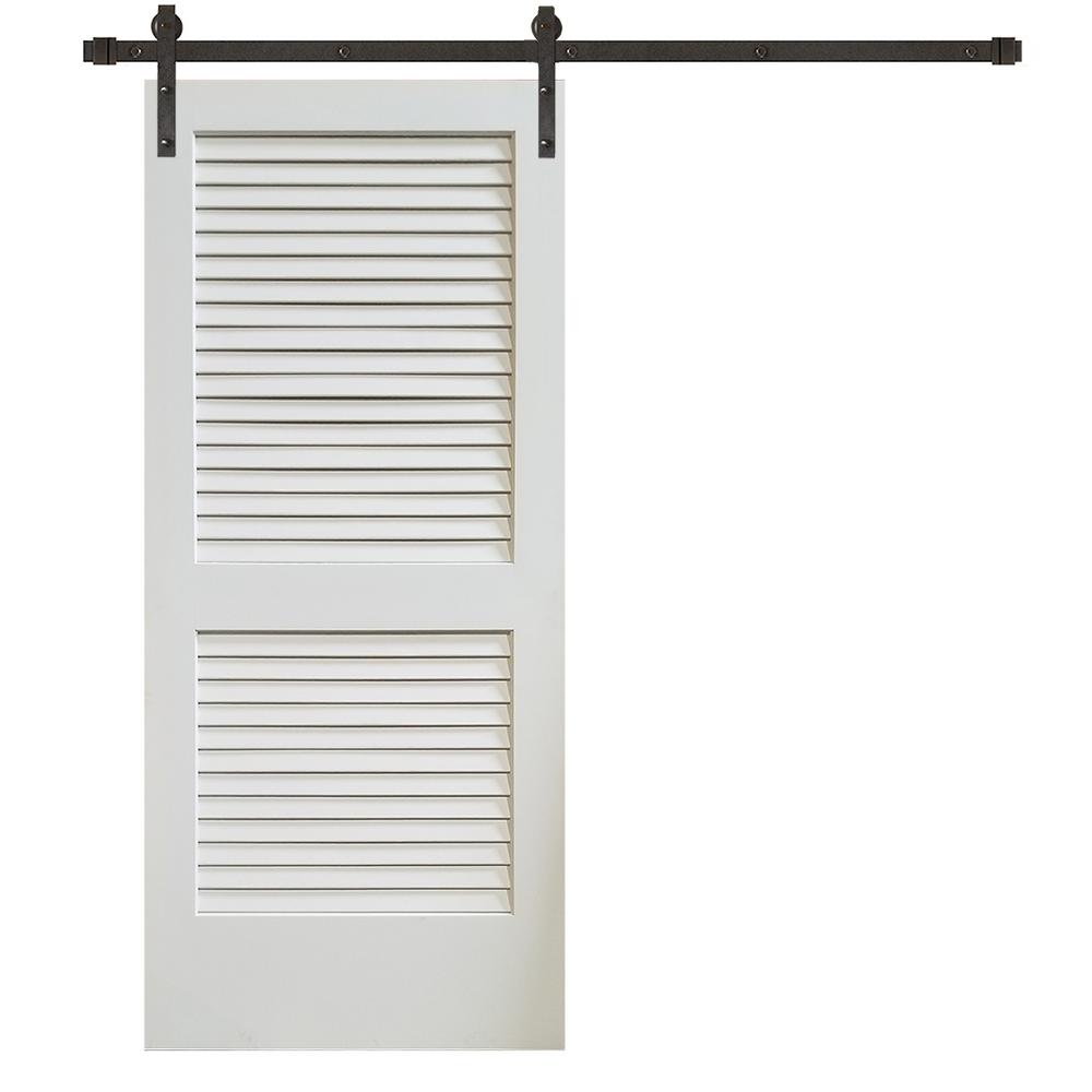 Plantation Louver 2-Panel Primed White Pine Wood Interior Sliding Barn Door with Oil Rubbed Bronze Hardware Kit from Pacific Pride