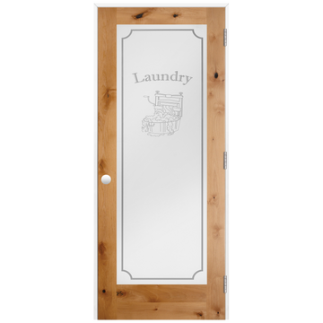 Laundry Graphic Frosted Glass Unfinished American Knotty Alder Prehung Interior Swinging Door with with a Primed Pine Wood Jamb and Satin Nickel Hinges