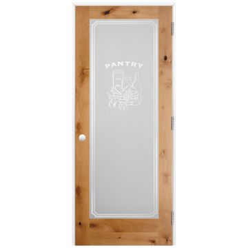 Pantry Graphic Frosted Glass Unfinished American Knotty Alder Prehung Interior Swinging Door with with a Primed Pine Wood Jamb and Satin Nickel Hinges